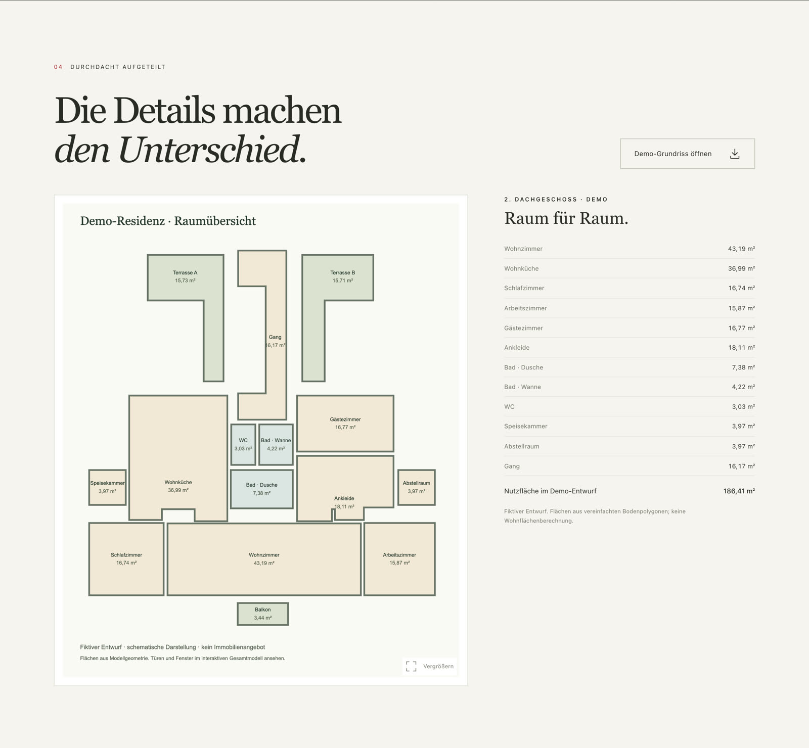 Interaktiver Grundriss mit Raumtabelle