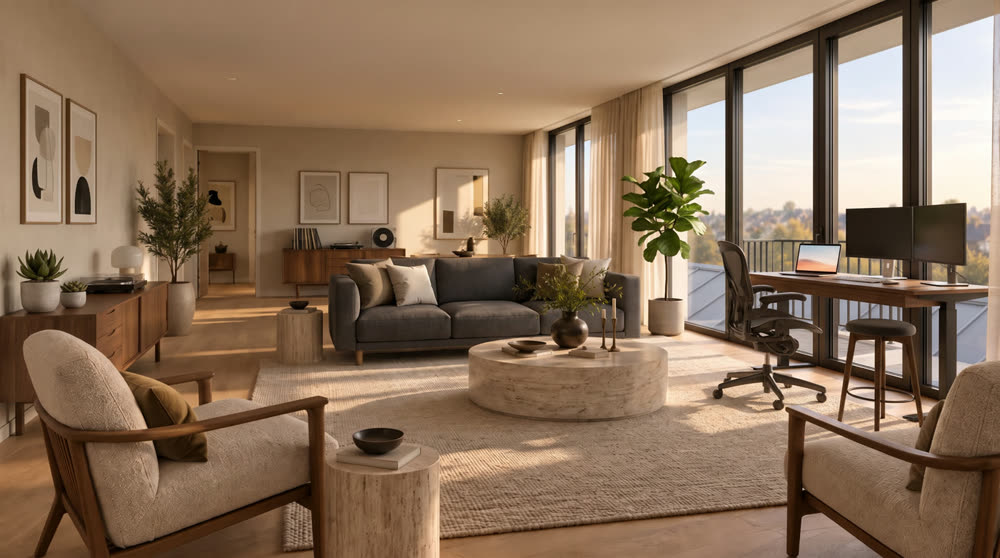 Dasselbe Wohnzimmer eingerichtet für einen Single mit Homeoffice